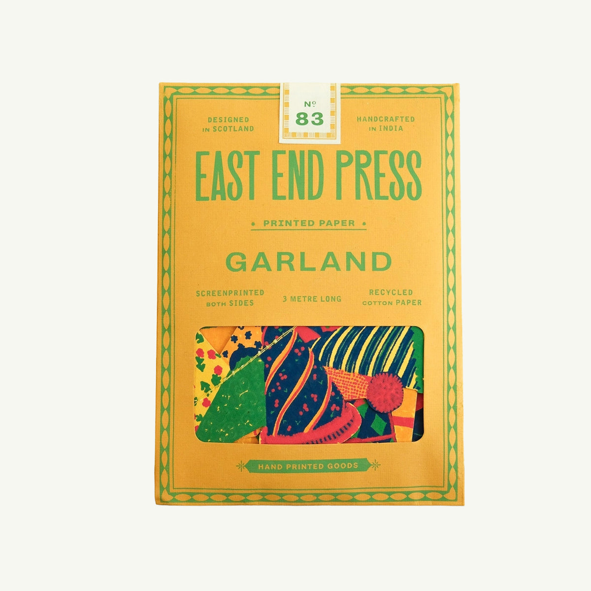 East End Press BIRTHDAY PARTY SEWN GARLAND, handmade decoration with green text on yellow.