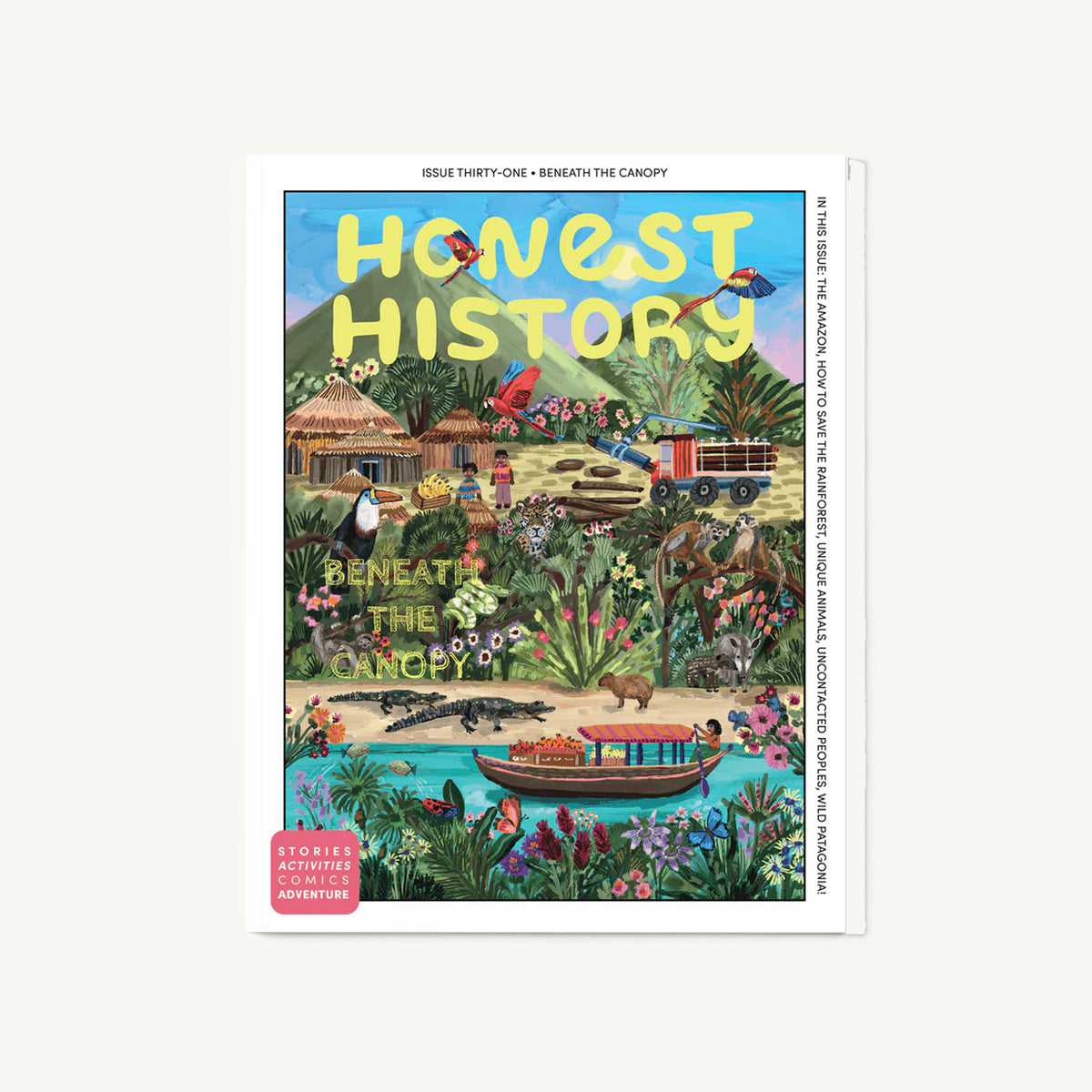 Honest History kids' magazine with jungle, animals, river, and huts—by Honest History.