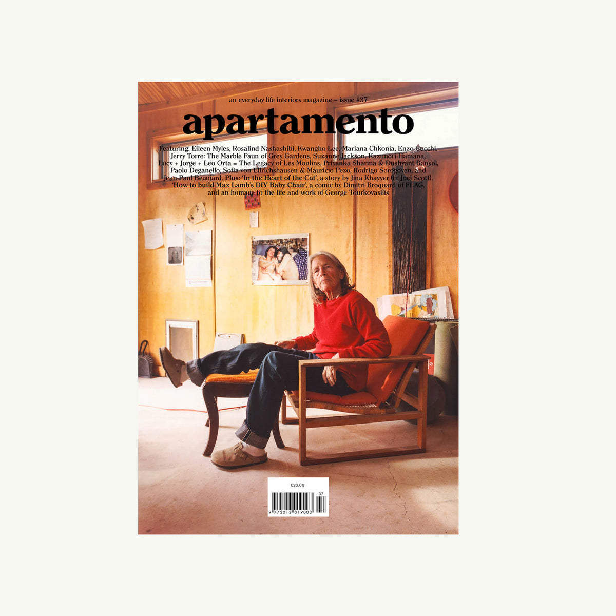 Someone reads Apartamento Magazine in a cozy room filled with books and designer interiors.