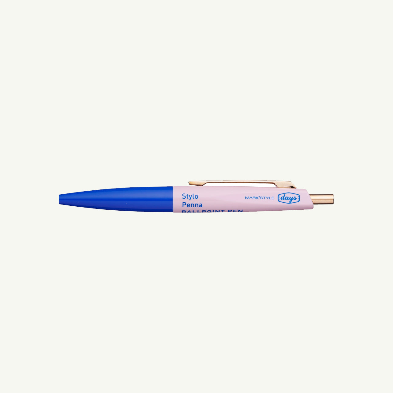 Mini Anterique pen by MARK'S Inc., oil-based ink, blue/pink with gold clip, made in Japan.