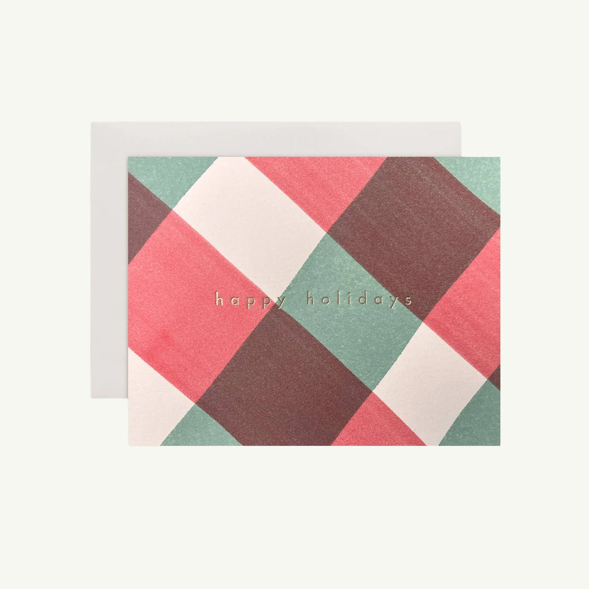 Moglea Tartan Box Set holiday card featuring red and green plaid and happy holidays text.