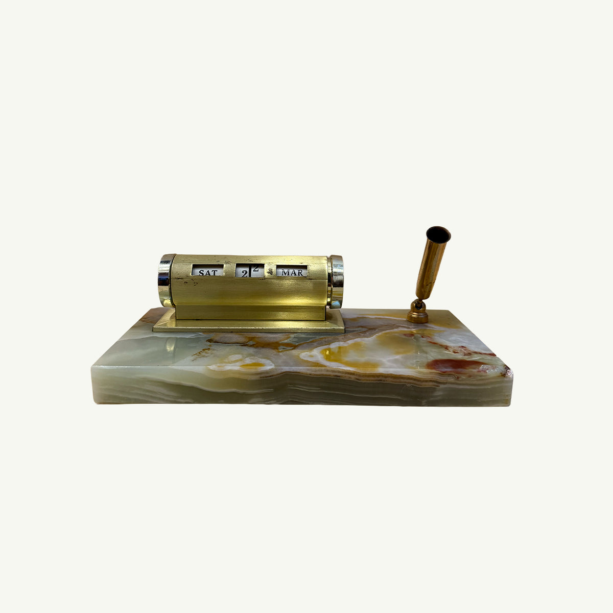 Vintage Perpetual Desk Calendar, Onyx Base with a metal roller mechanism and pen holder.