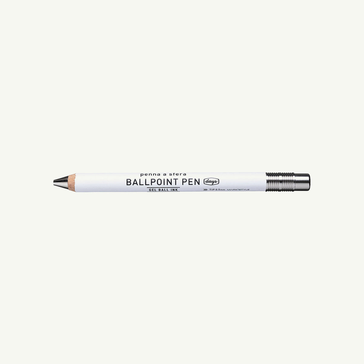 MARK’S Inc. Wood Gel Ballpoint Pen, round barrel, white with black text and silver clip.