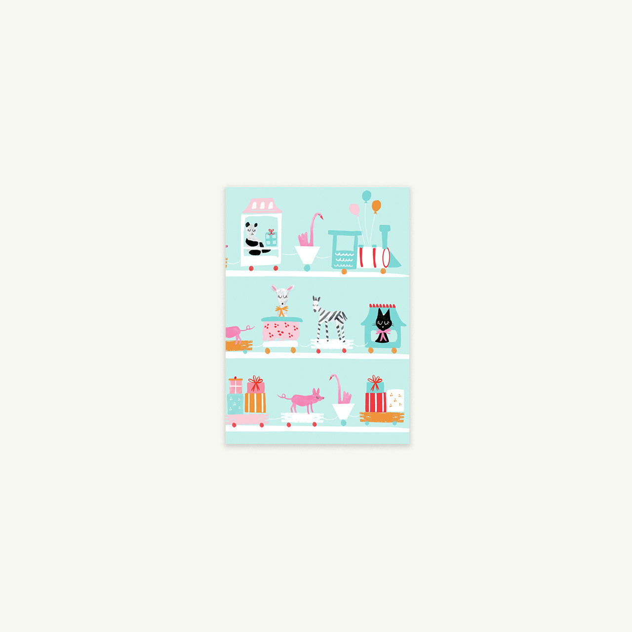 Cats with toys and Choo Choo Train - Petite Cards by Mr. Boddington's Studio on blue shelves.