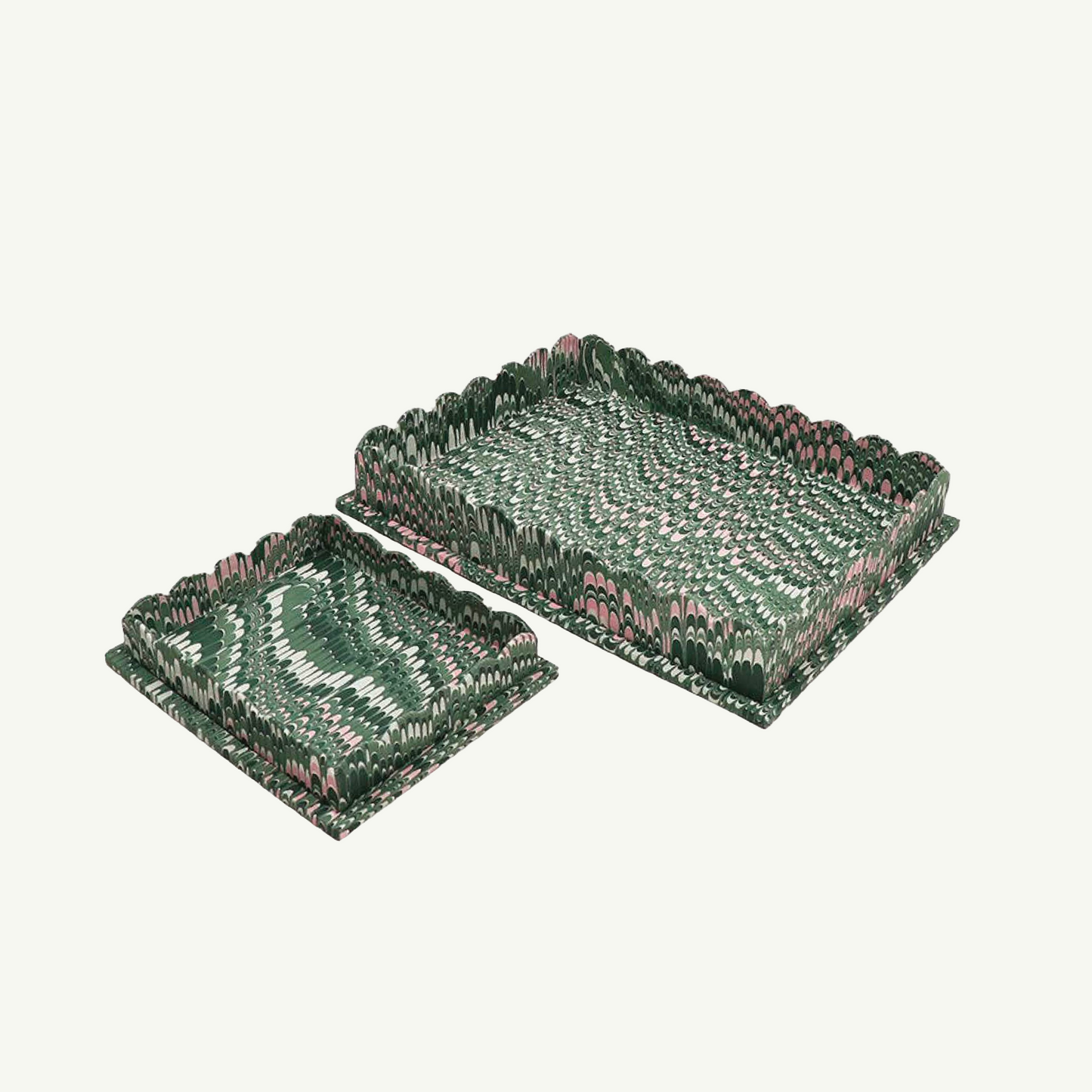 Green Marbled Scalloped Tray Set