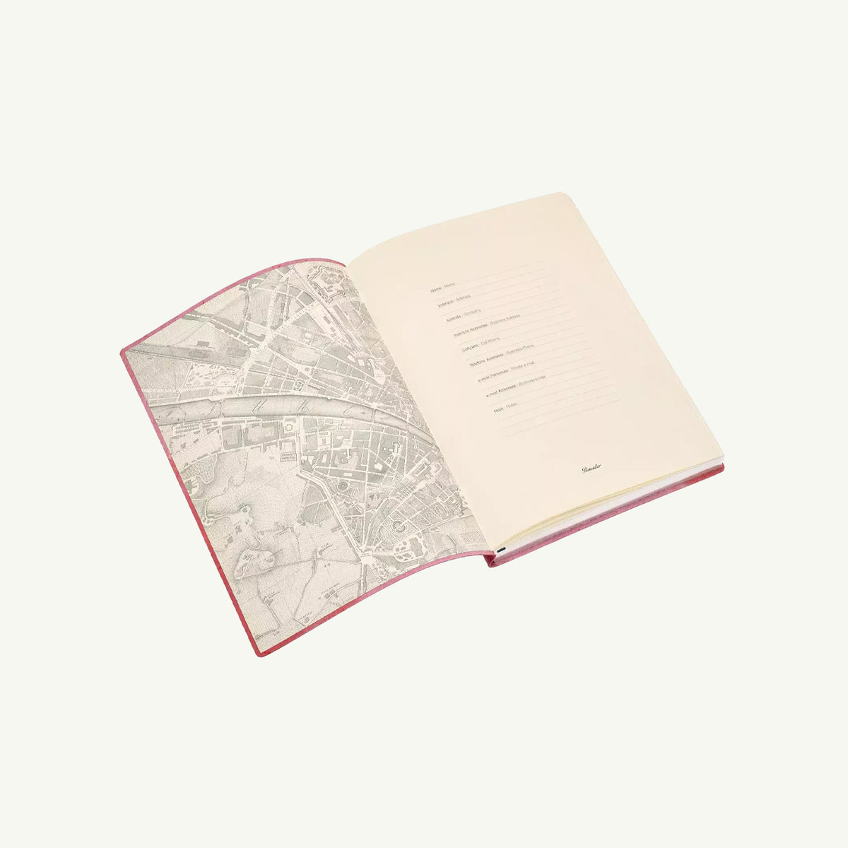 Open Pineider’s Milano 2027 Diary showing an illustrated city map and contact fields.