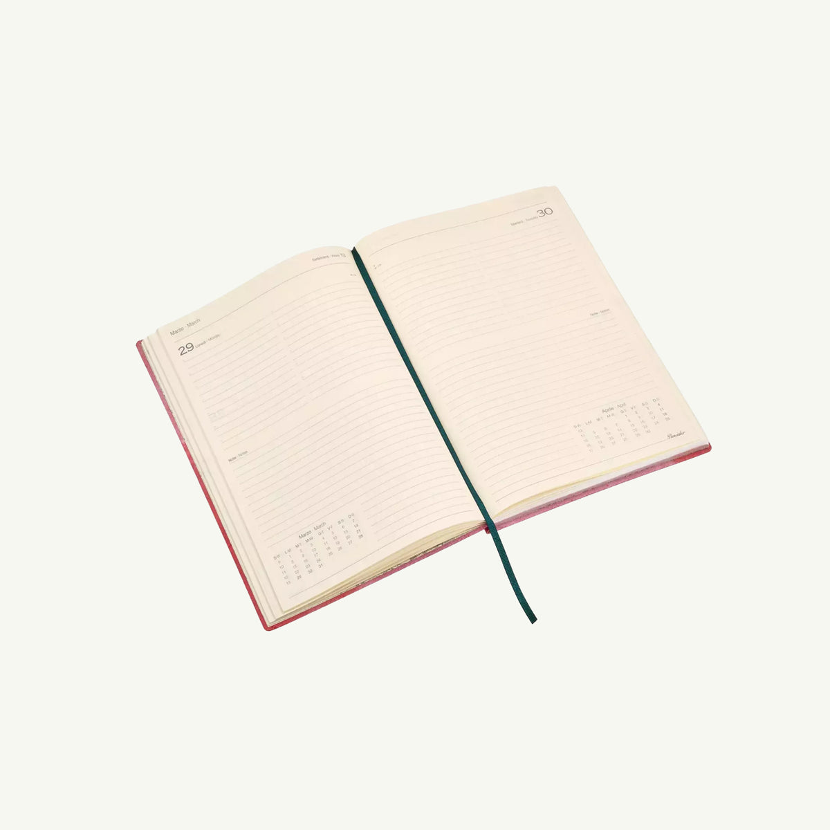 Pineider’s Milano 2027 Diary open to March and April with a teal ribbon bookmark.