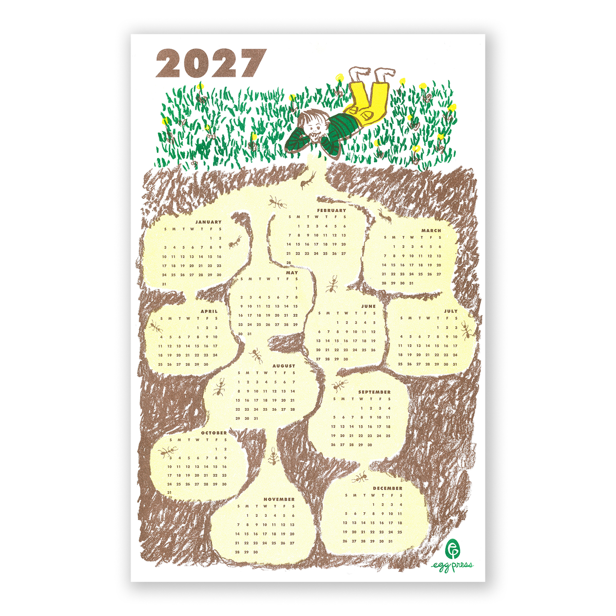 Child in yellow pants on grass above Egg Press Ant Hill 2027 Risograph calendar print.