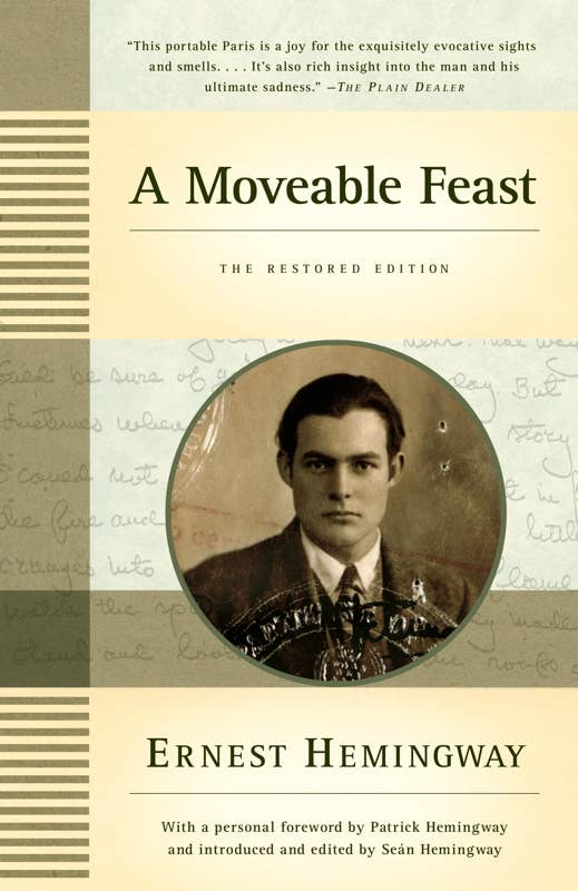 Cover of Moveable Feast: The Restored Edition by Hemingway, Simon & Schuster, sepia photo center.