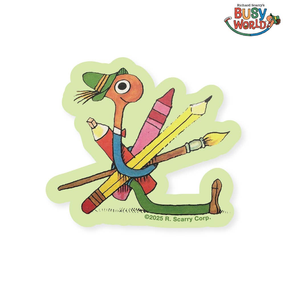 Lowly Art Sticker: Three Potato Four x Richard Scarry®; Busy World, art tools, worm in hat.