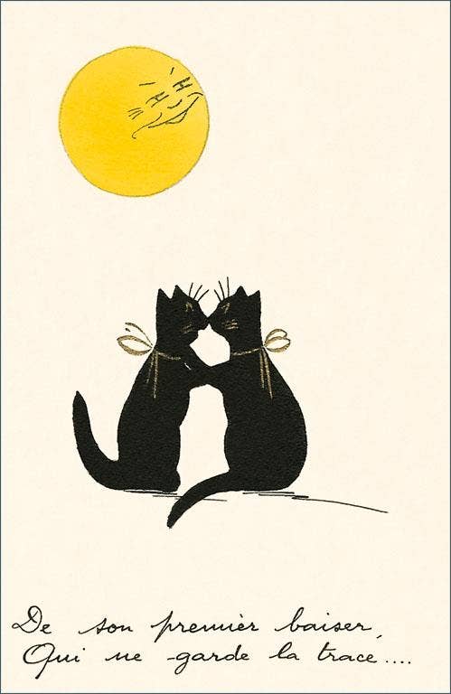 Postcard KC-227 by Found Image Press: Two black cats kiss under a yellow moon.