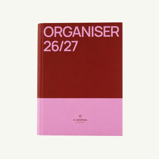 Red & pink Spiral Organiser 2026-2027 by A-Journal Stationery with ORGANISER 26/27 on cover.