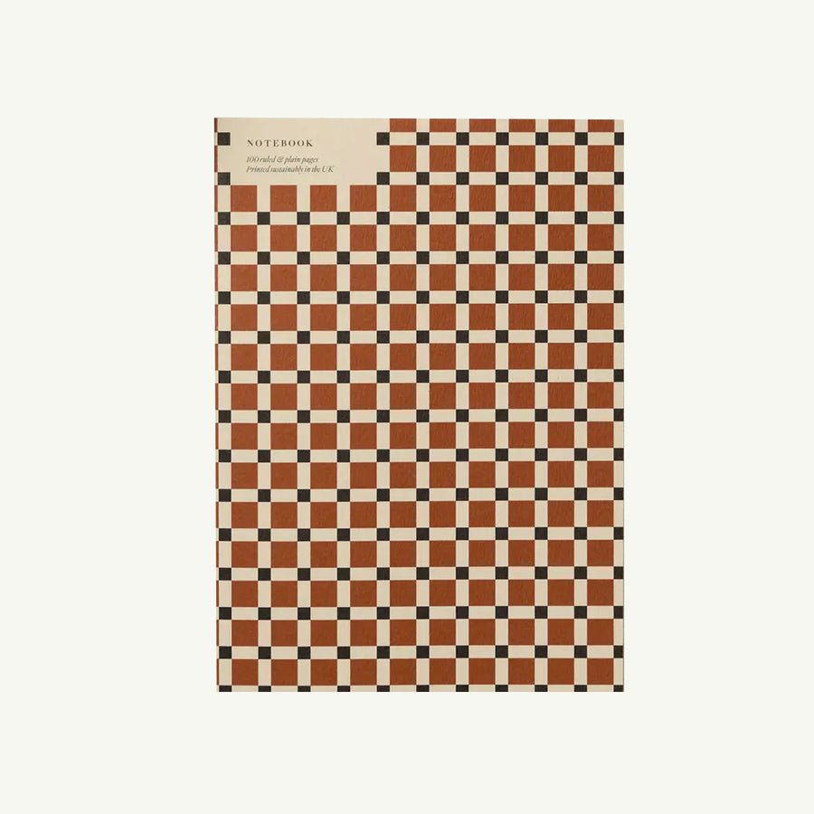 Kinshipped A5 Brugge Tile Notebook with brown & black checkerboard cover on white background.