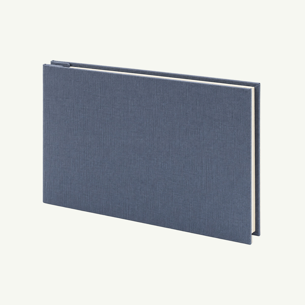 Blue Linen Post Photo Album by Orange Art, closed with cream pages on white background.