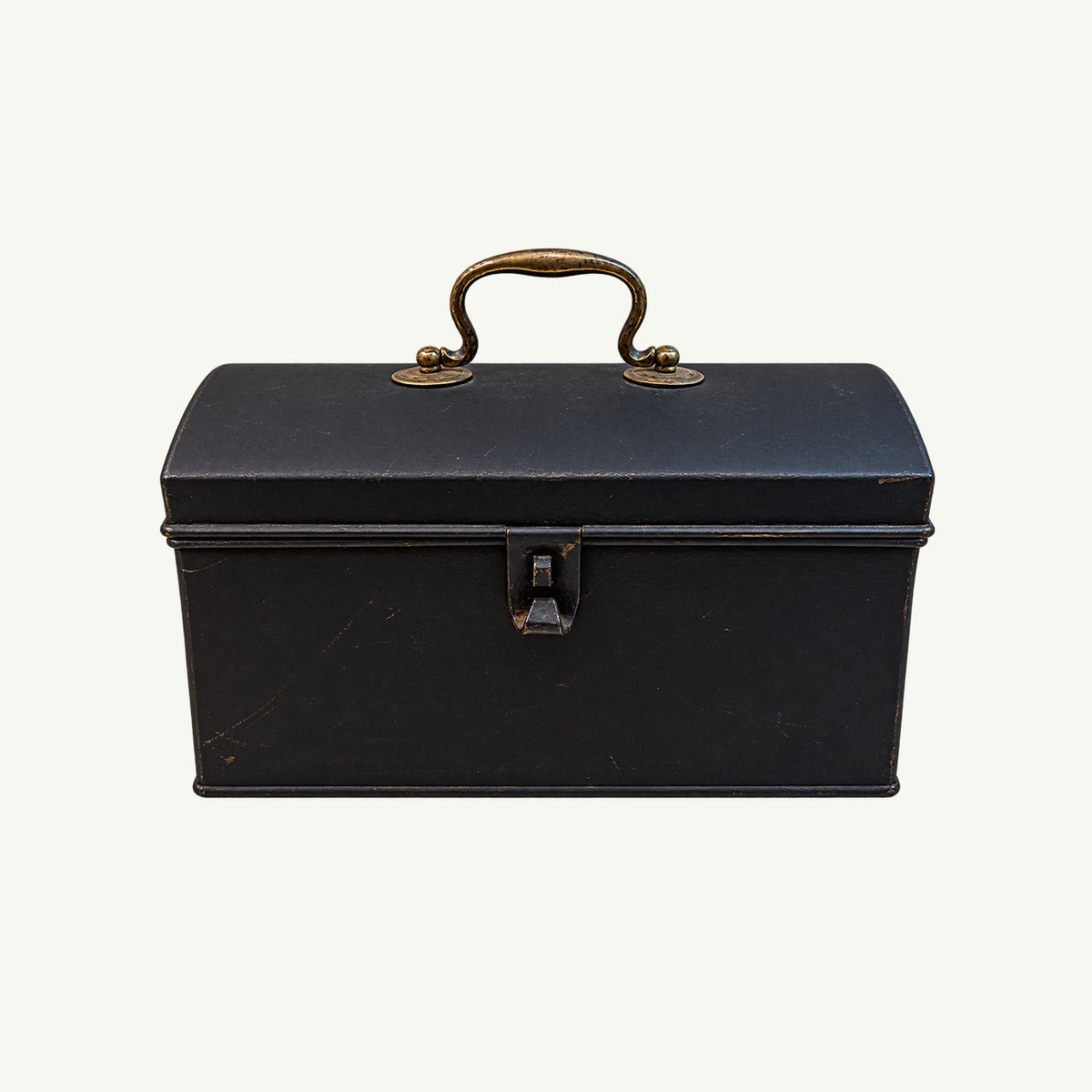Vintage Black Metal Keepsake Box by Mr. Boddington’s Studio with brass handle and latch.