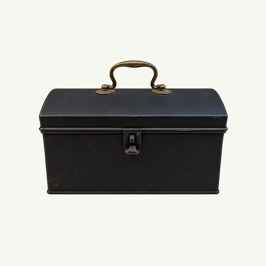 Vintage Black Metal Keepsake Box by Mr. Boddington’s Studio with brass handle and latch.