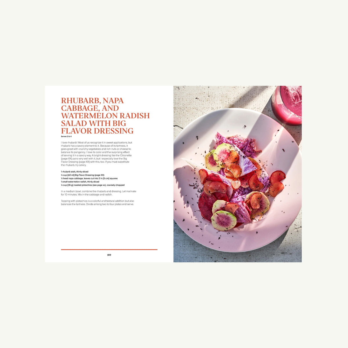 A colourful Bright Cooking recipe page for rhubarb, napa cabbage, and watermelon radish salad.