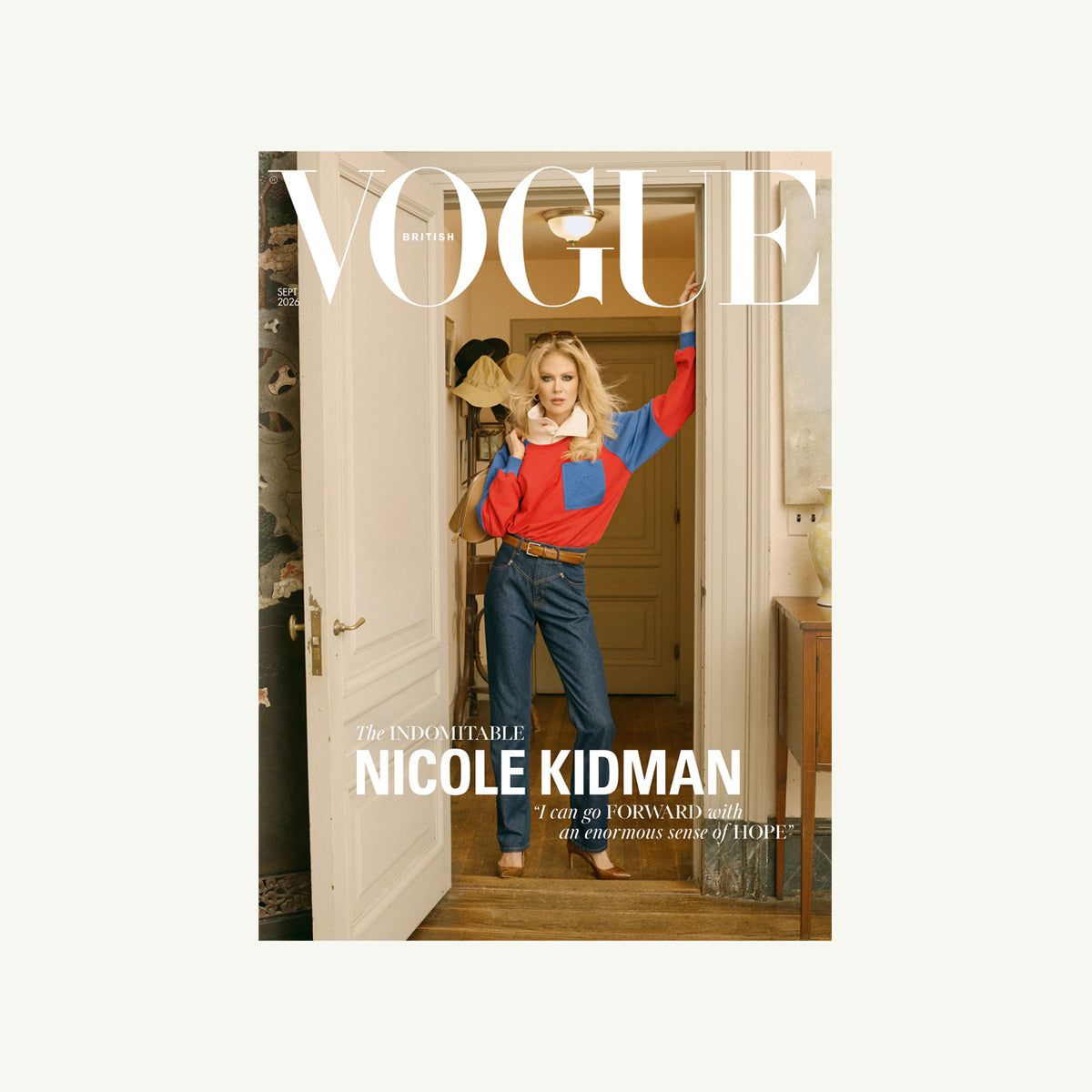 Model in vibrant sweater on British Vogue cover, from Mr. Boddington’s Studio.