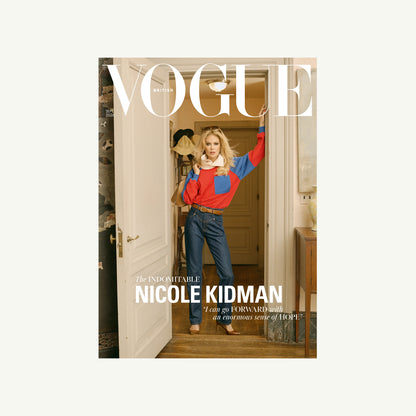 Model in vibrant sweater on British Vogue cover, from Mr. Boddington’s Studio.
