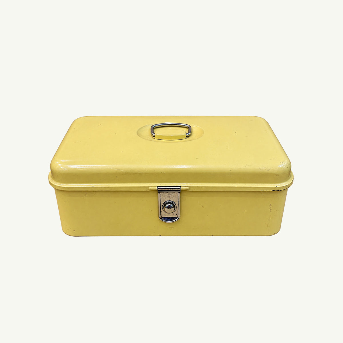 Mr. Boddington’s Studio Vintage Yellow Metal Keepsake Box—chic desk storage with brass handle.