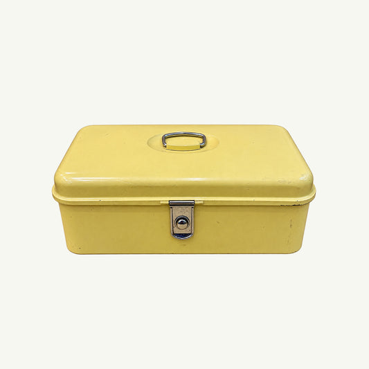 Mr. Boddington’s Studio Vintage Yellow Metal Keepsake Box—chic desk storage with brass handle.
