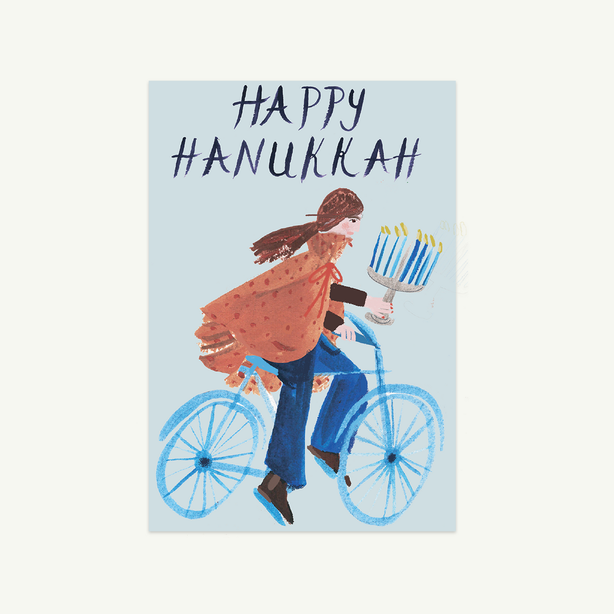Bringing You Light card by Mr. Boddington’s Studio: bike, menorah, blank A6, Happy Hanukkah.