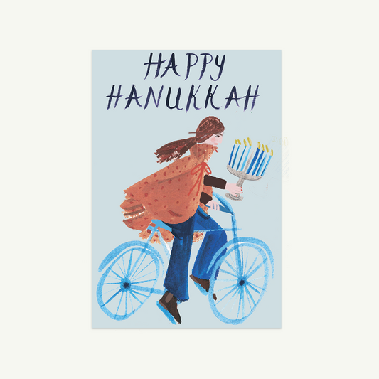 Bringing You Light card by Mr. Boddington’s Studio: bike, menorah, blank A6, Happy Hanukkah.