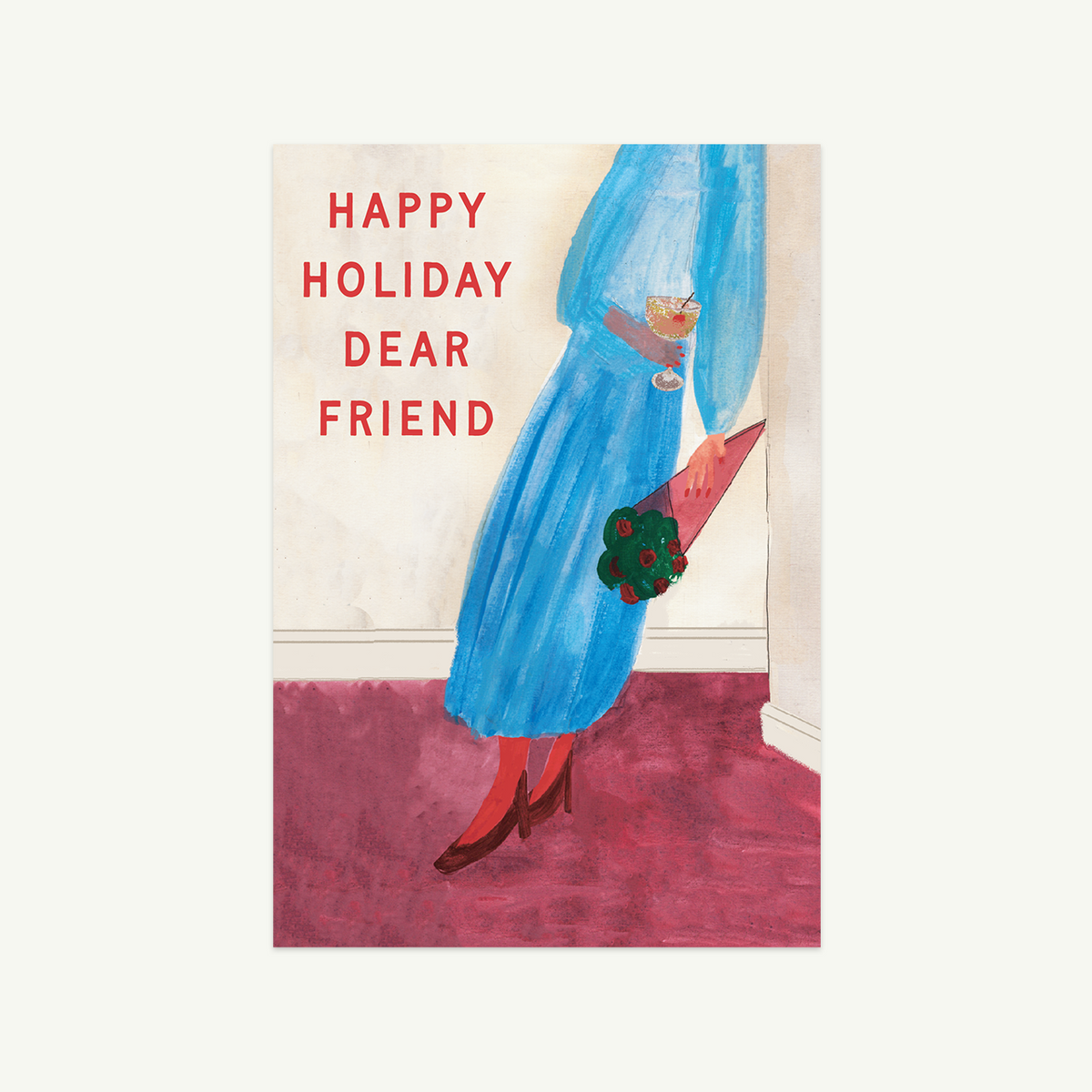 Woman in blue with drink, flowers. Cocktail Shrimp- Holiday Collection by Mr. Boddington’s Studio.