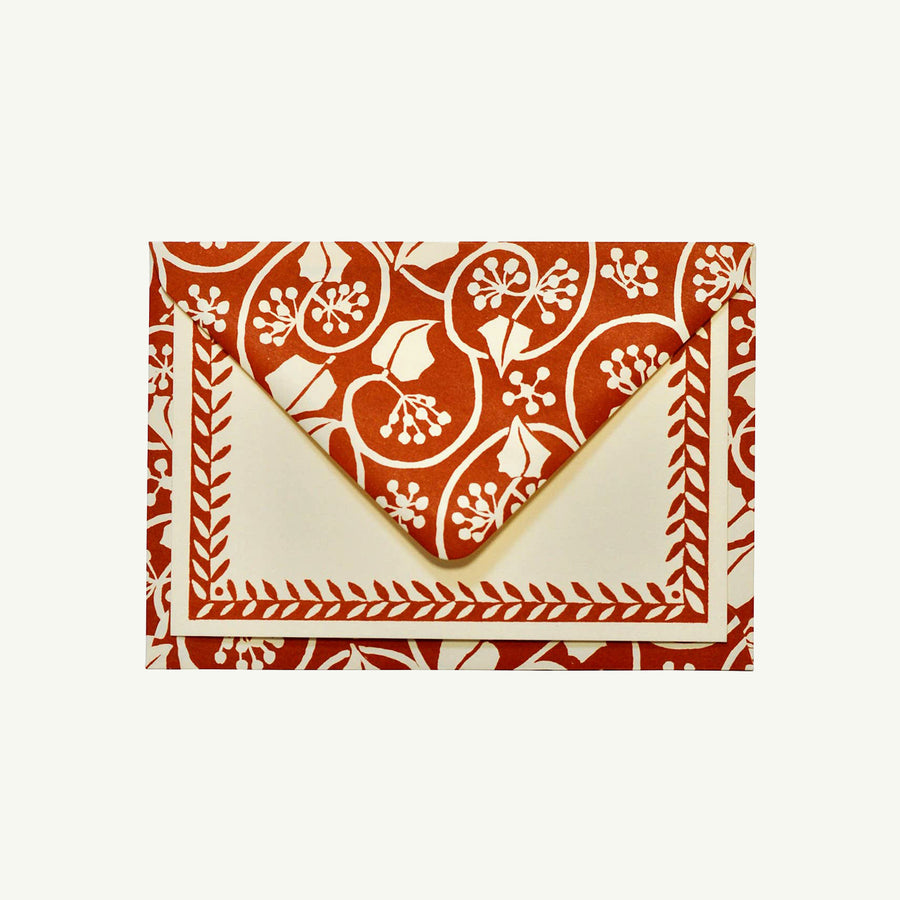 Cambridge Imprint Ivy Stripe Russet notecards pair perfectly with matching red and cream envelopes.