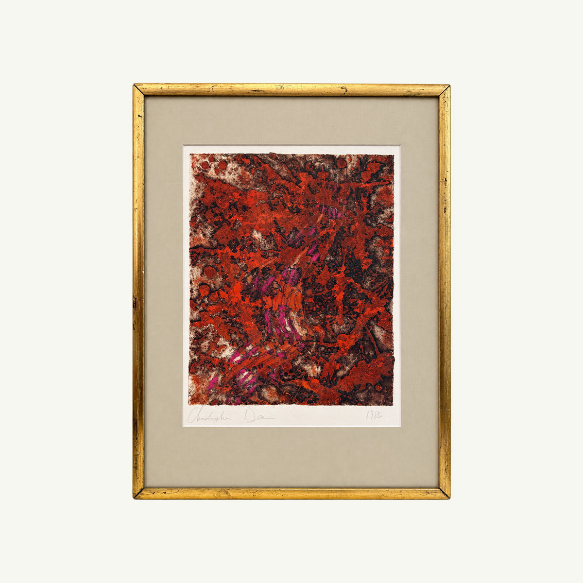 Christopher Dean 1986 framed abstract by Mr. Boddington’s Studio in red, brown, purple on white.