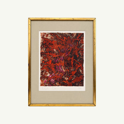 Christopher Dean 1986 framed abstract by Mr. Boddington’s Studio in red, brown, purple on white.