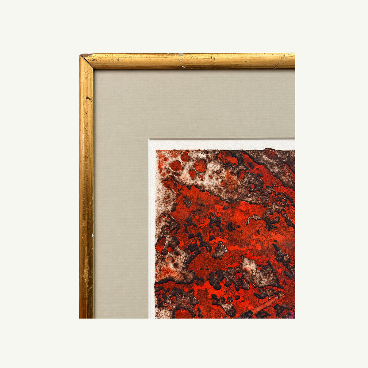 Gold gilt frame, beige mat; vibrant red Christopher Dean 1986 art by Mr. Boddington’s Studio.
