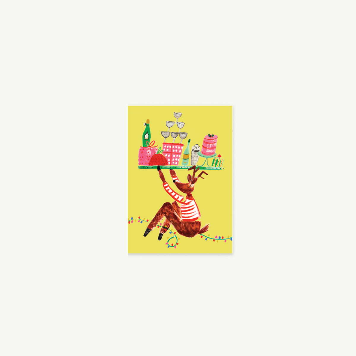 Reindeer in scarf holds cakes, drinks, and Cocktail for Dasher card by Mr. Boddington’s Studio.