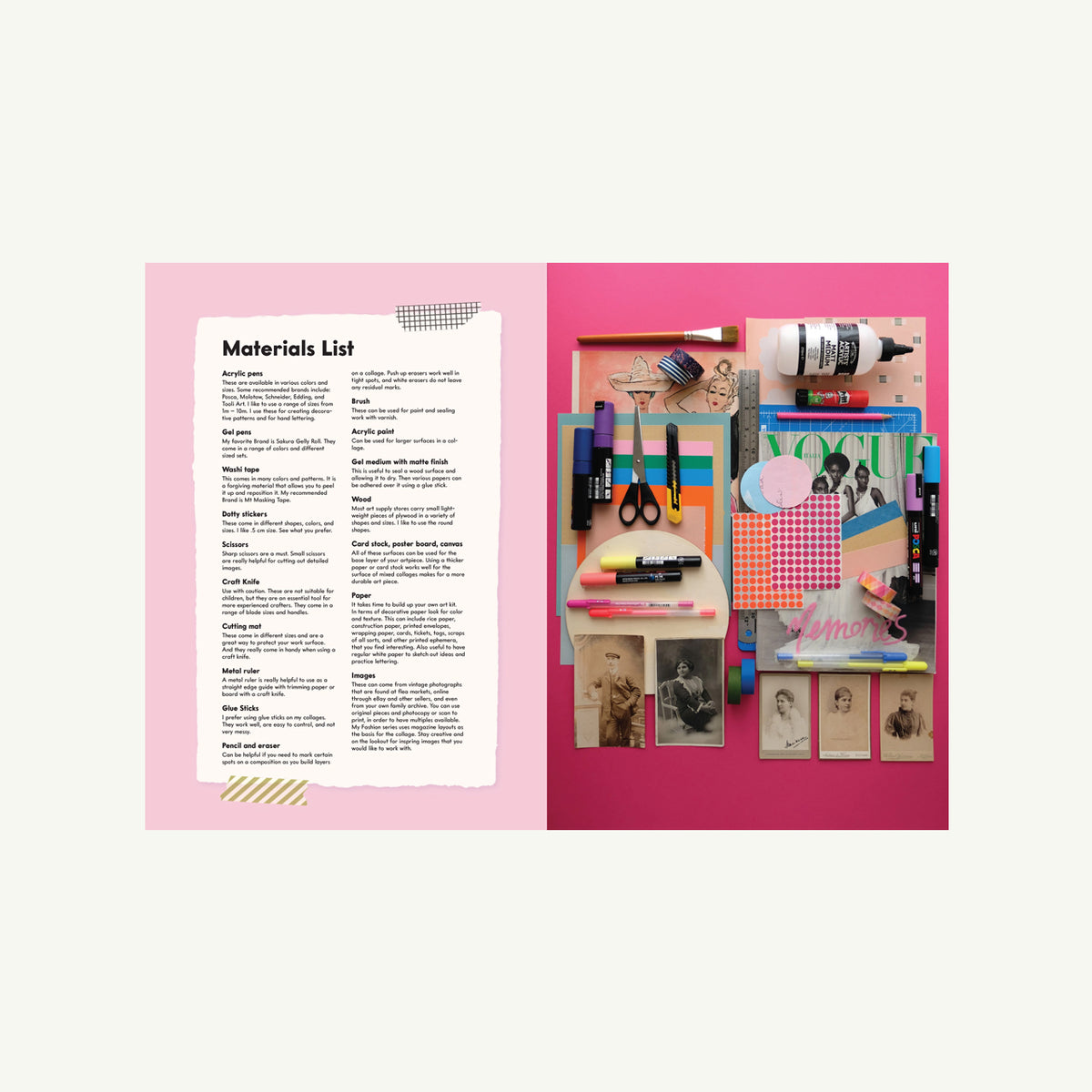 Creative Collage kit with art supplies, paper scraps, vintage photos, and magazine pages.