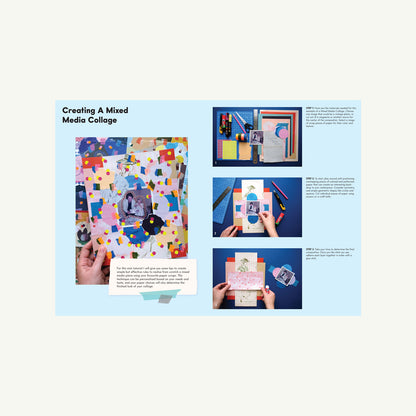 Creative Collage tutorial showing a three-step guide using paper, photos, and scissors.
