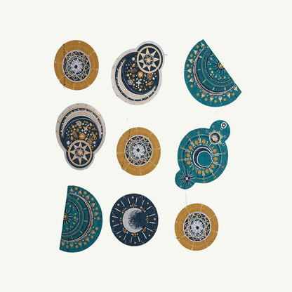 CELESTIAL VERTICAL WALL HANGING by East End Press: 9 gold, blue & cream handmade decor circles.