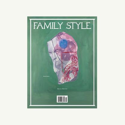 Family Style Magazine cover with abstract human head art on a green background by Family Style.
