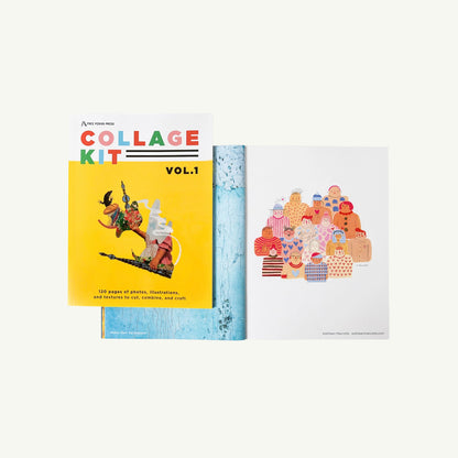 Collage Kit Magazine by Free Period Press open to colorful vision board page with cartoon faces.