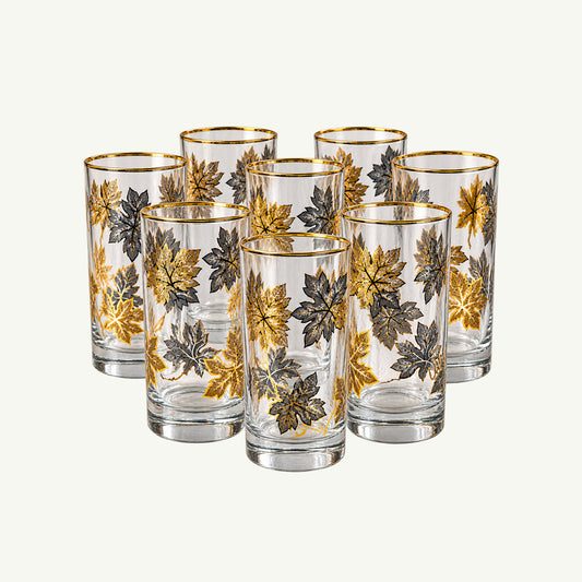 Set of 8 Vintage Gold Embossed Highball Glasses by Mr. Boddington’s Studio, neatly arranged.