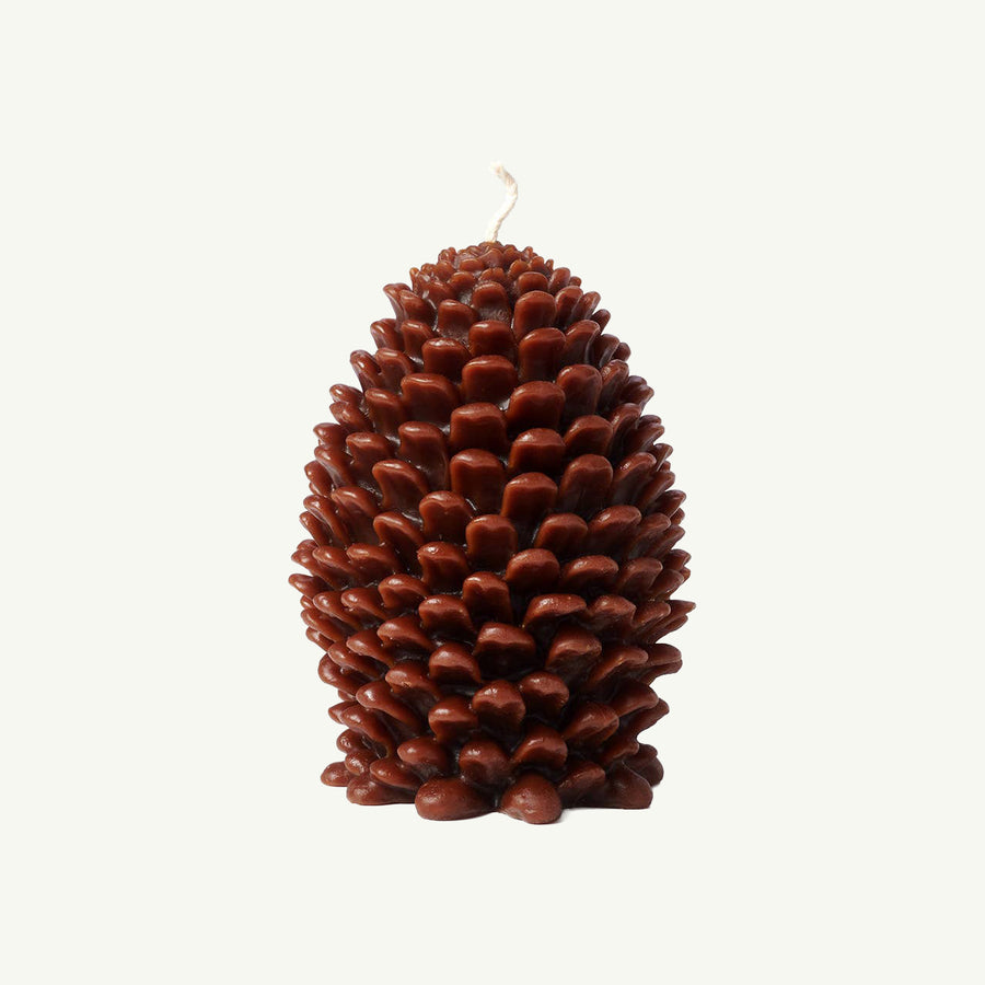 Jumbo Pine Cone Beeswax Candle by Greentree Home Candle stands upright on a light background.
