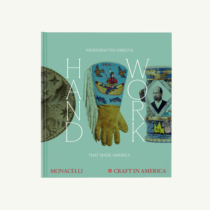 Book cover of Handwork: Handcrafted Objects That Made America by Phaidon; teal, with handmade art.