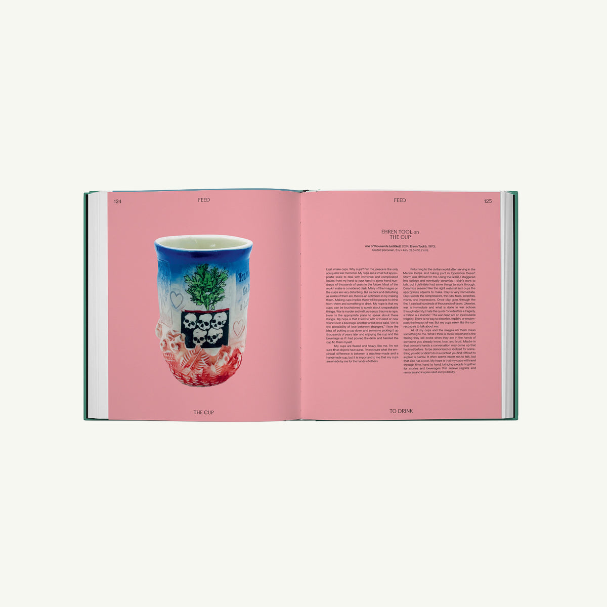 Open book “Handwork” by Phaidon shows a cup; text appears on the right page.