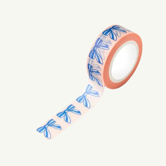 Happy Ribbon Bows Washi Tape by ILOOTPAPERIE with blue ribbon bows on white background.