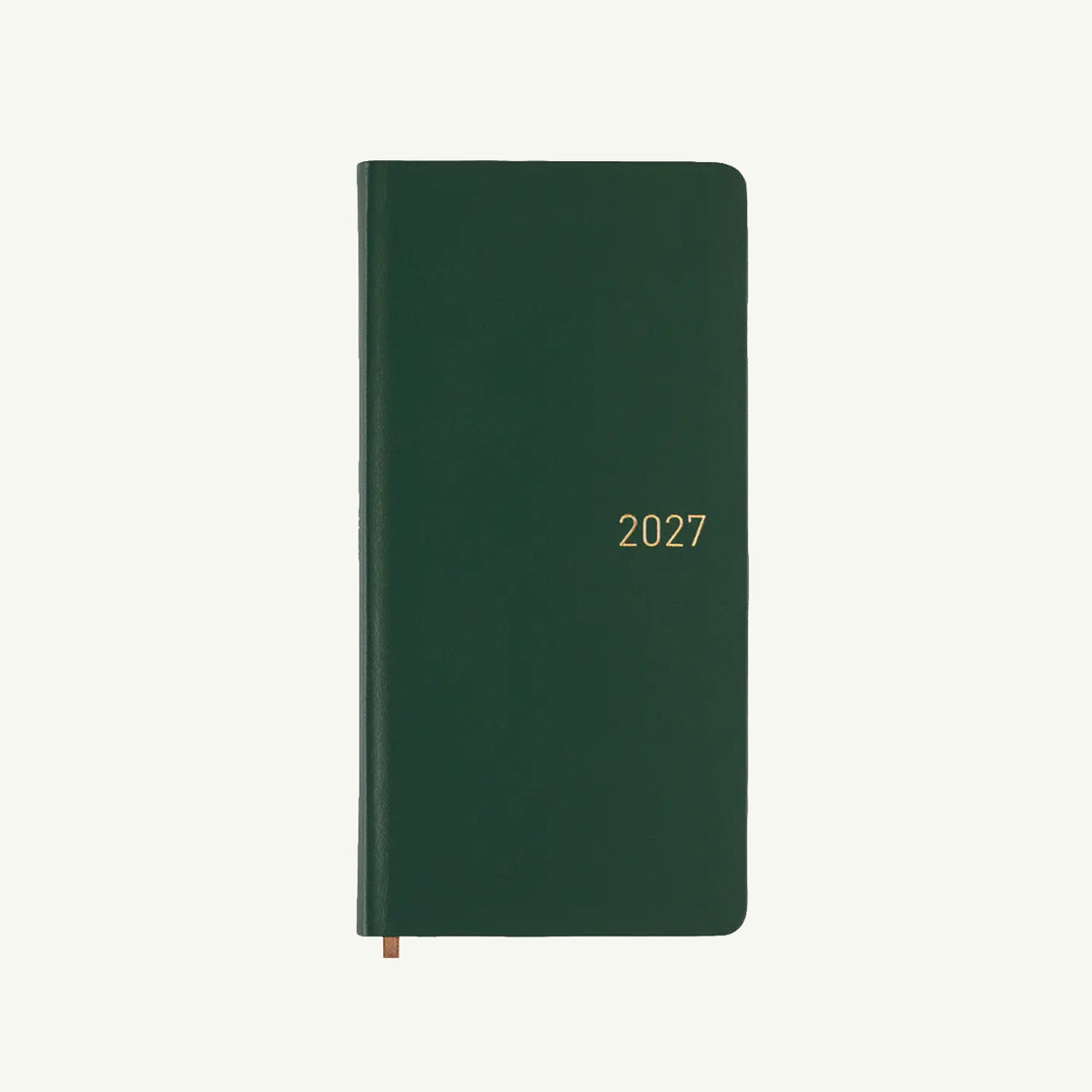 Hobonichi Techo 2027 Weeks: dark green weekly planner, gold text, smooth paper, closed.