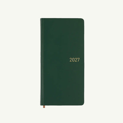 Hobonichi Techo 2027 Weeks: dark green weekly planner, gold text, smooth paper, closed.