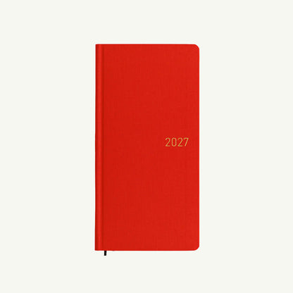 Red Hobonichi Techo 2027 Weeks planner, closed with gold 2027 text on the cover.