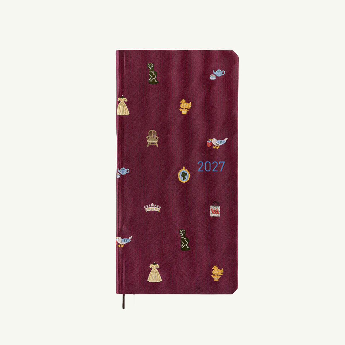 Maroon Hobonichi Techo 2027 Weeks, embroidered crowns, birds, chairs & dresses on cover.