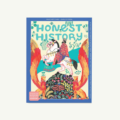 Honest History: Kids’ magazine cover with a person on a white horse and bright decorations.
