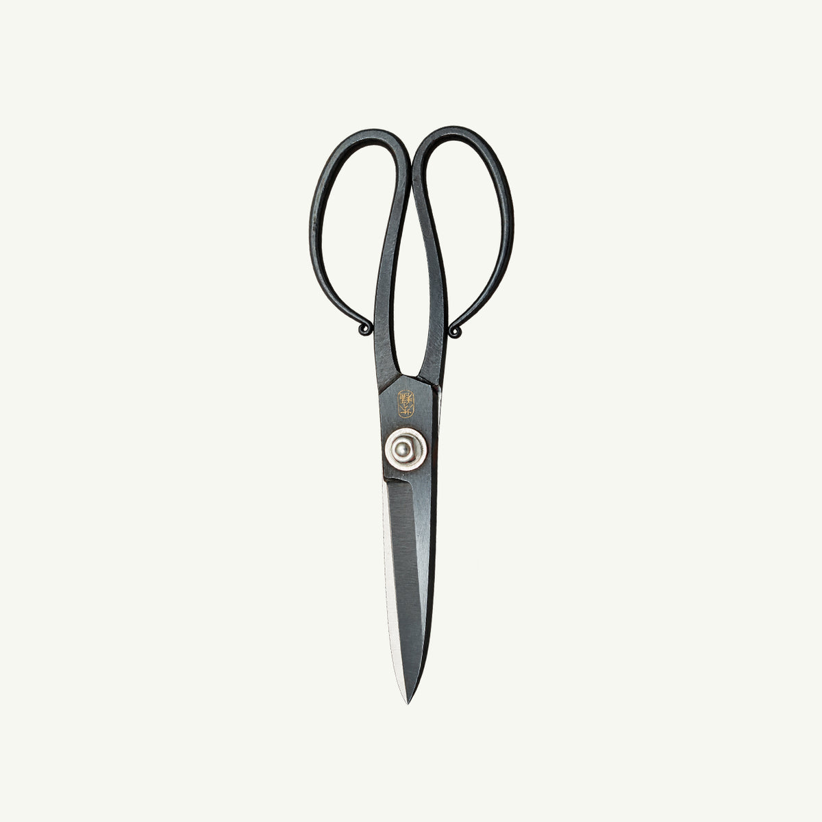 IKNM Tanebasami Scissors: handmade black metal shears with oval loops and a central pivot screw.