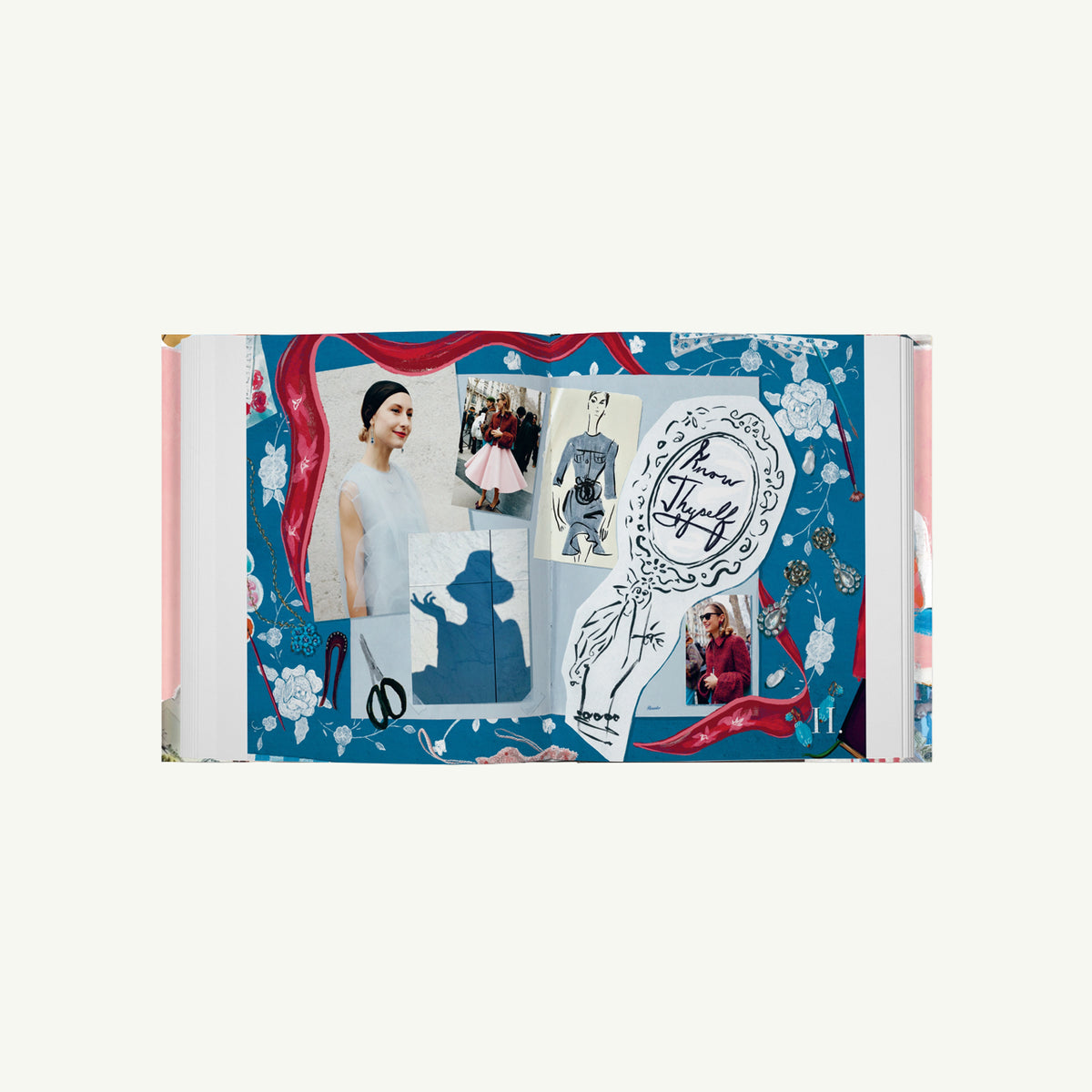 Jenny Sais Quoi by Phaidon: blue scrapbook page with vintage fashion, sketches & floral background.